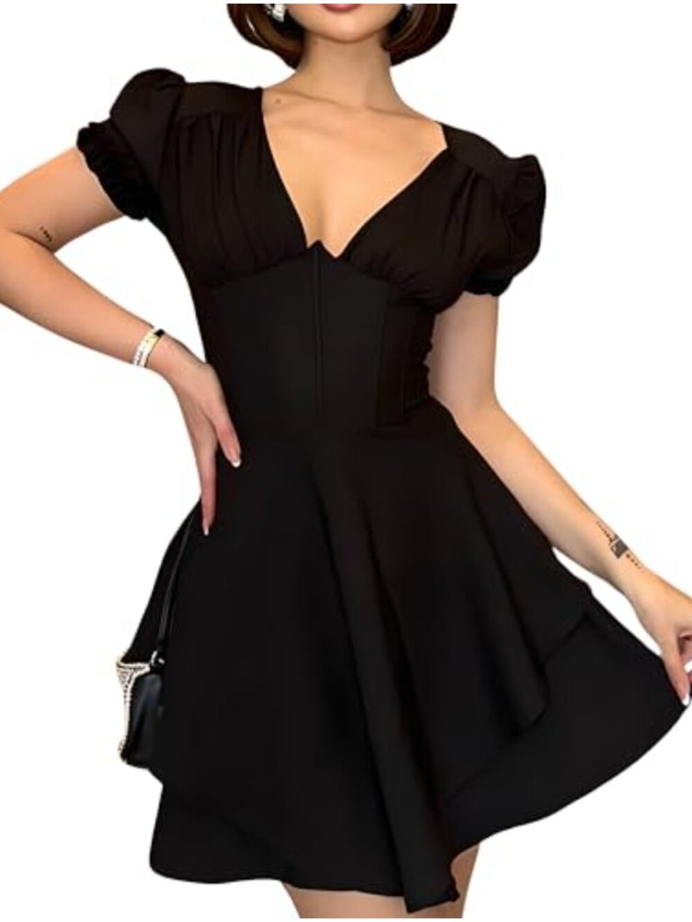 Puff Sleeve Corset Mini Dress V-Neck Tiered Ruffle Cocktail Wedding Guest